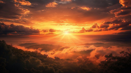 A breathtaking sunrise illuminates misty mountains with golden light. Dramatic clouds fill the sky, creating a warm, ethereal atmosphere. A stunning landscape of nature's beauty.の素材