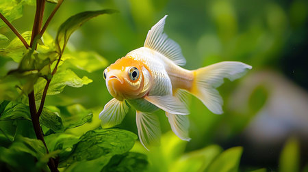 A captivating close-up of a goldfish with orange head and white body, gracefully swimming amidst vibrant green aquatic plants in a serene aquarium setting.の素材
