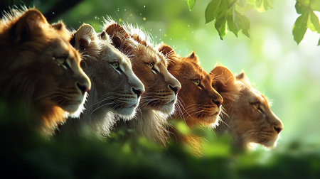 Five lions stand in a row, their profiles illuminated by soft light filtering through green foliage, creating a serene and powerful image of unity and strength in their natural habitat.の素材