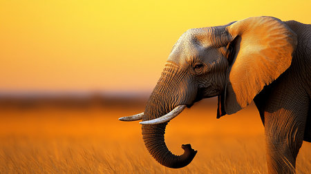 A striking close-up of an elephant in the African savanna during golden hour, showcasing its wrinkled skin, tusks, and the warm, vibrant light of the setting sun.の素材
