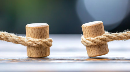Close-up shot of two wooden posts connected by a thick, rustic rope. The scene is set on a weathered wooden surface, with a blurred green and gray background.の素材