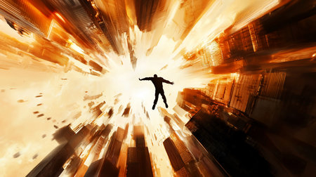 A silhouetted man falls through a distorted cityscape, buildings converging towards a central point of golden light, creating a sense of vertigo and surreal urban descent.の素材