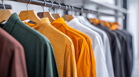 A row of colorful shirts hangs on wooden hangers, showcasing a variety of colors and textures in a wardrobe or retail setting. The shirts are neatly arranged and ready to wear.の素材