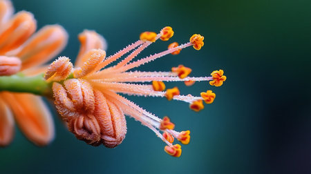 A macro shot captures the intricate details of an exotic orange flower's stamens against a dark teal backdrop, highlighting its delicate structure and vibrant colors.の素材