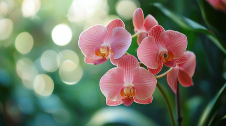 A close-up captures the beauty of pink orchid flowers, their delicate petals highlighted against a blurred bokeh background, creating a soft, dreamy atmosphere.の素材