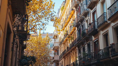 A street in Barcelona, Spain, showcases buildings with ornate balconies bathed in warm sunlight, framed by trees with golden autumn leaves against a clear blue sky.の素材