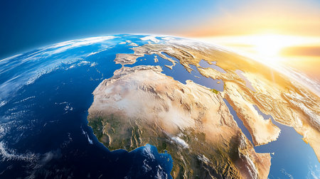 Stunning view of Earth from space, focusing on Africa, Europe, and the Mediterranean Sea. Sunrise illuminates the horizon, casting a warm glow over the continents.の素材