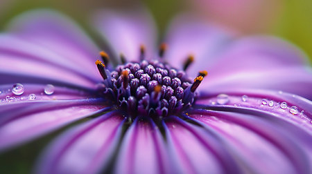 A macro shot captures the intricate details of a purple Osteospermum flower, adorned with delicate water droplets, showcasing its vibrant colors and textures.の素材