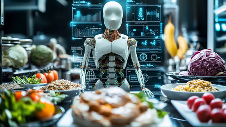 A sleek, white robot chef stands amidst a vibrant array of fresh ingredients, its internal mechanics exposed, overlaid with a futuristic data interface, preparing gourmet meals in a modern kitchen.の素材