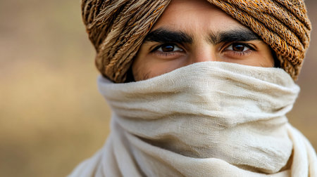 Close-up portrait of a man wearing a patterned turban and a light-colored face covering, focusing on his intense, direct gaze and cultural attire.の素材