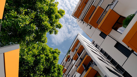A low-angle shot captures modern buildings with orange accents against a blue sky with clouds, juxtaposed with a vibrant green tree, creating a harmonious blend of urban and natural elements.の素材