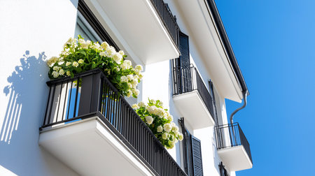 Low-angle shot of a modern white building featuring black metal balconies adorned with lush white hydrangea flowers, set against a vibrant blue sky on a sunny day.の素材
