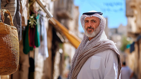 A portrait of a Middle Eastern man wearing traditional clothing, standing in a busy market. The background is blurred, highlighting the man's face and attire.の素材