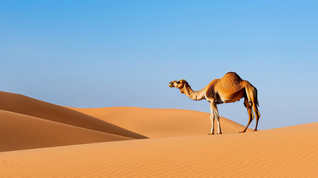 A lone camel stands majestically on a rippled sand dune, bathed in warm sunlight, against a clear blue sky in a vast desert landscape.の素材