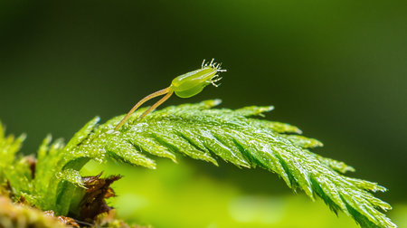 A macro shot captures a moss sporophyte with a translucent capsule and intricate peristome teeth, set against a lush green background, showcasing nature's delicate beauty.の素材