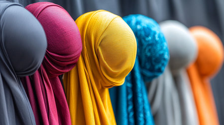 Close-up shot showcasing a row of colorful hijabs, Muslim headscarves, in shades of gray, magenta, yellow, blue, white, and orange.の素材