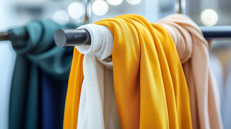 Close-up of colorful fabrics - yellow, white, beige - draped over a metal rack. Soft, diffused lighting enhances the texture and color variations. Focus on textile details.の素材