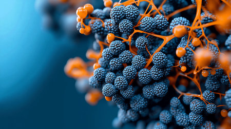 A macro shot of abstract blue berries connected by vibrant orange stems, set against a deep blue background. The composition highlights the intricate details and textures.の素材