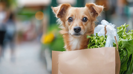 A cute, light brown dog with expressive eyes peeks out from a brown paper grocery bag filled with fresh, vibrant green lettuce. Soft, blurred background.の素材