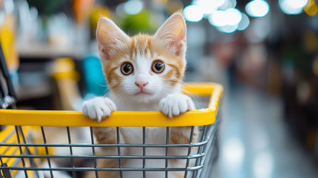 A cute ginger and white kitten with big eyes peers over the edge of a yellow-handled shopping cart, set against a blurred, bokeh-lit background.の素材