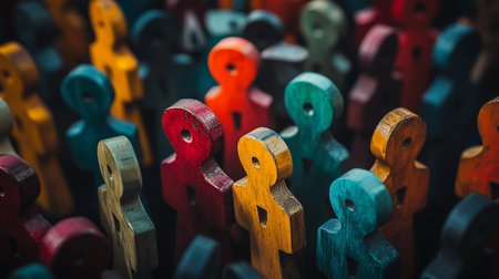 A close-up shot of many colorful wooden figures, each with a hole in its head, standing together, representing diversity, unity, and the concept of a crowd or community.の素材