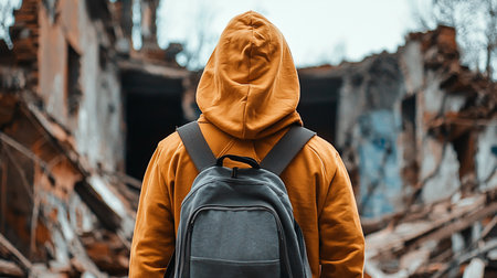 A hooded figure with a backpack stands before a scene of destruction, symbolizing resilience in the face of adversity, set against a backdrop of war-torn ruins.の素材