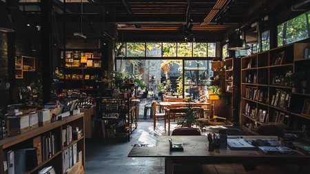 Interior view of a bookstore cafe with wooden bookshelves, tables, and chairs. Sunlight streams through large windows, illuminating plants and a garden view.の素材