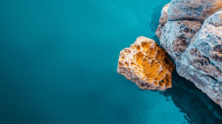 Aerial shot of a porous, honeycomb-textured rock formation in vibrant turquoise water. The contrasting colors and textures create an abstract, natural scene.の素材