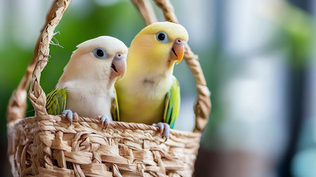 Two lovebirds, one yellow and one white, sit side-by-side in a woven basket. Soft, natural light illuminates their feathers and creates a gentle, intimate mood.の素材