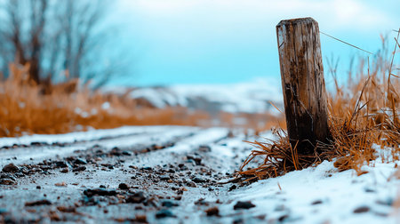 A weathered wooden post stands beside a snow-dusted path, with dry grass at its base. Distant hills fade into a soft blue sky, creating a serene winter scene.の素材