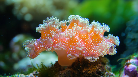 Close-up of a vibrant orange bubble tip anemone with white spots, thriving in a well-lit aquarium environment, showcasing its unique texture and symbiotic relationship.の素材