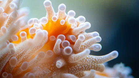 A macro shot showcases a sea anemone's beauty, featuring bulbous, translucent tentacles with orange patterns. The image highlights the anemone's delicate structure and vibrant colors.の素材