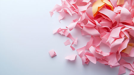 A cascade of delicate pink paper confetti spills across a soft white background, creating a festive and celebratory texture with subtle shadows and a touch of orange.の素材