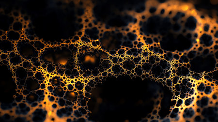 Abstract image of a network of interconnected cells or bubbles, illuminated with a golden light against a dark background, creating a microscopic or cosmic effect.の素材