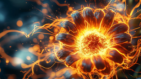 Abstract image of a flower with dark petals and a glowing, fiery center, surrounded by trails of orange energy against a blurred dark background.の素材
