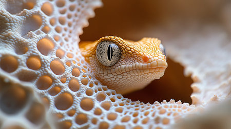 A striking close-up of an albino leopard gecko, showcasing its intricate scale patterns and captivating eye. The gecko is nestled within a textured, porous structure.の素材