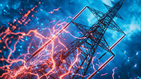 A low-angle shot of a power transmission tower with red lightning effects against a blue sky, symbolizing energy, power, and technological advancement.の素材