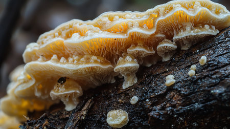 Detailed macro shot of cream-colored bracket fungi growing on a dark, decaying log. The fungi exhibit intricate gills and textures, illuminated by soft, natural light in a forest setting.の素材