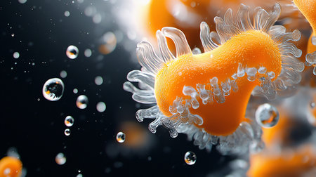 Close-up of a vibrant orange, cellular organism with transparent, tentacle-like structures, floating amidst bubbles in a dark, fluid environment. Microscopic, scientific, and visually striking.の素材