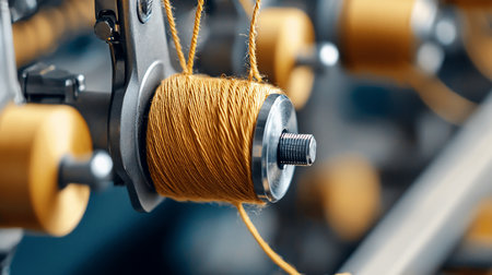 Close-up of a spool of golden thread on an industrial machine, showcasing the intricate details of the manufacturing process with a shallow depth of field.の素材