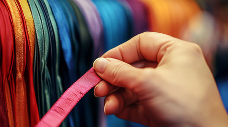 A hand selects a bright pink ribbon from a rack of colorful ribbons, showcasing a variety of textures and hues. The close-up shot emphasizes the tactile nature of the ribbons.の素材