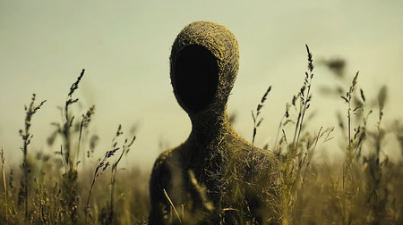 A surreal image of a humanoid figure woven from grass, standing in a field of tall grass. The figure has a dark, empty void where its face should be, creating an eerie mood.の素材