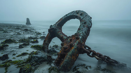 A weathered, rusty anchor ring and chain lie half-submerged on a seaweed-strewn beach under a misty sky, captured with a long exposure to blur the water's movement.の素材