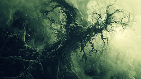 A surreal, misty forest scene with gnarled, leafless trees. The green-tinted fog creates an eerie, dreamlike atmosphere. The composition emphasizes the twisted branches and roots.の素材