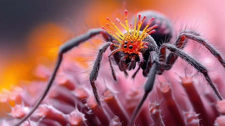 A striking macro shot of a spider with a crown-like structure on its head, perched on pink coral. The image showcases vibrant colors and intricate details of the spider's anatomy.の素材