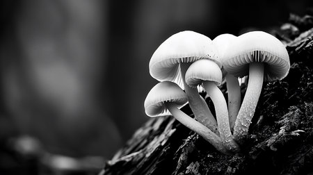 A close-up, black and white image of a cluster of mushrooms growing on a forest floor. Backlit, the mushrooms appear delicate and ethereal against the dark background.の素材