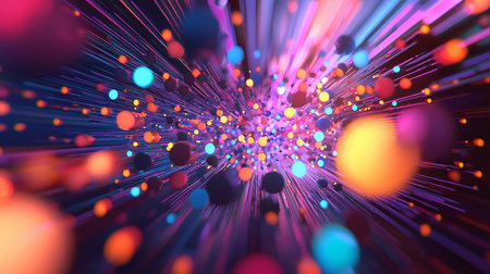 Dynamic abstract background featuring colorful spheres and lines in motion, creating a sense of speed and connectivity. Digital art with vibrant colors and blurred focus.の素材