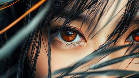 A striking close-up captures a brown eye, framed by dark, wet hair. The composition emphasizes the eye's intensity, creating a sense of intimacy and vulnerability.の素材