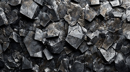 Close-up of dark, angular basalt columns creating a textured rock formation. The light reflects off the wet surfaces, emphasizing the geometric shapes and natural patterns.の素材