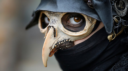 Close-up of a person wearing a bird skull mask and leather hood, with a steampunk-inspired aesthetic, focusing on the intense gaze visible through the mask's eye socket.の素材
